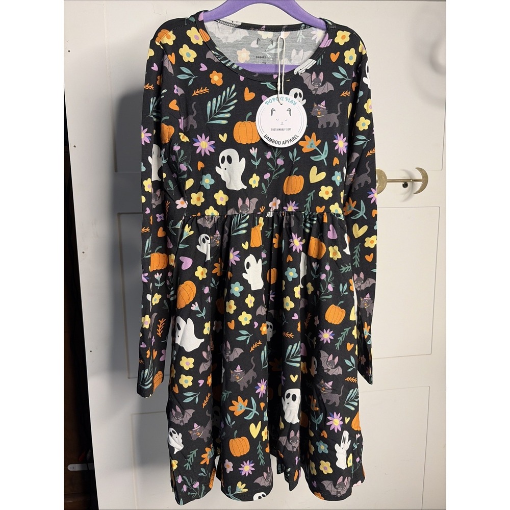 Popoki Play Bamboo Girls Nightgown 7/8 Halloween Ghost Bat Pumpkin Cat Black NWT